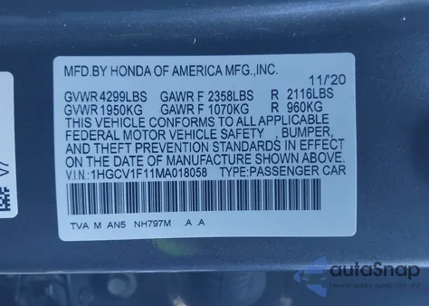 2021 Honda Accord Lx z USA, uszkodzony, nr VIN 1HGCV1F11MA018058